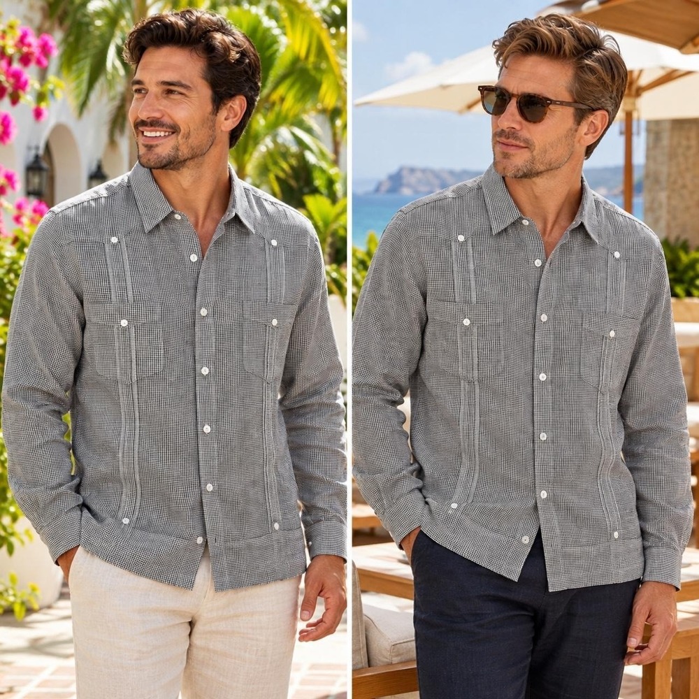 Cubavera Guayabera Shirt Men's L Button Up Black White 100% Linen Long Sleeve
